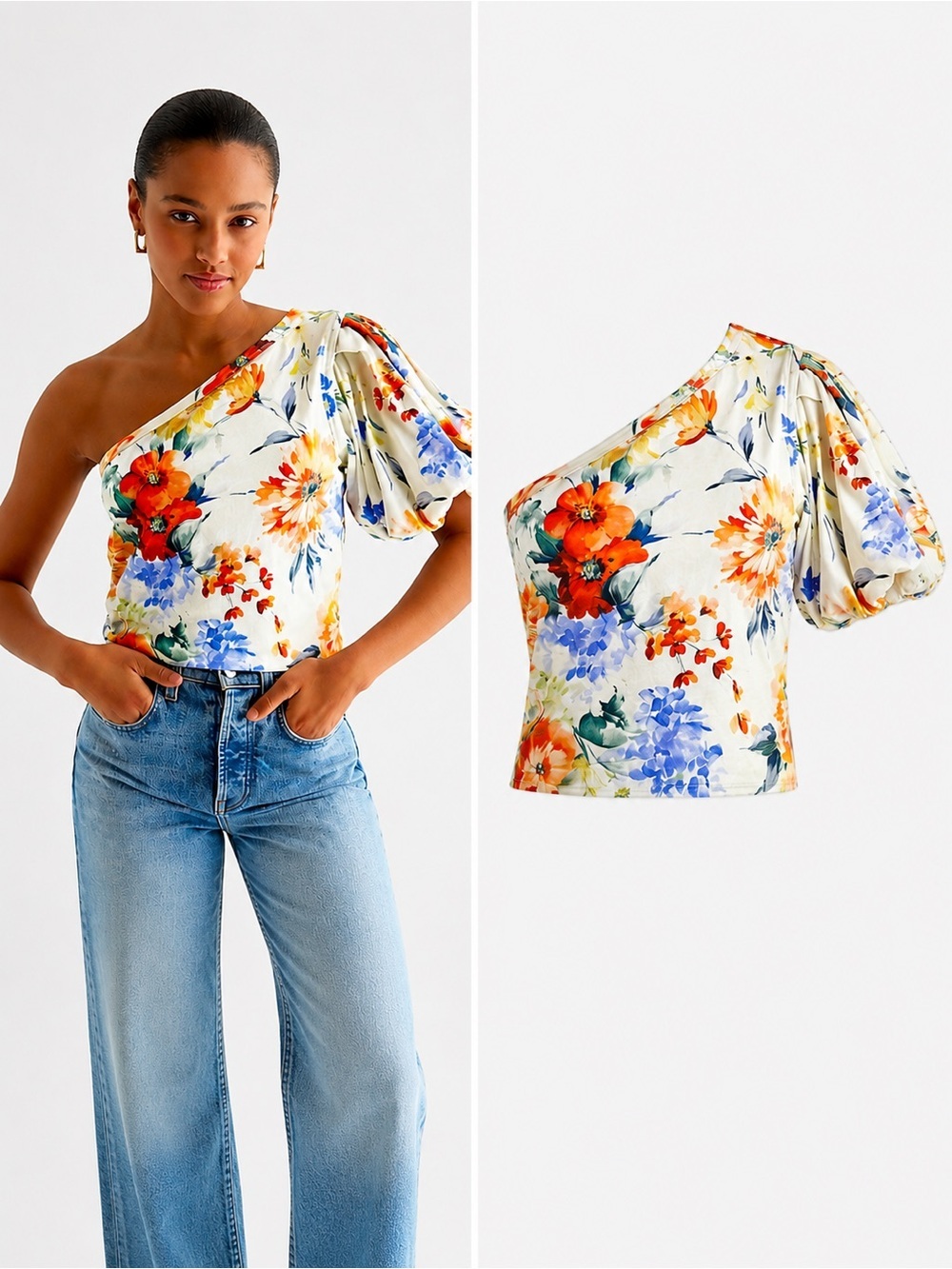 EXPRESS | Floral One Shoulder Puff Sleeve Top | XL | Cottagecore Romantic
